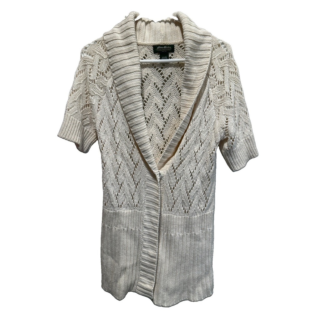 Eddie Bauer Ivory Crochet Linen Blend Cardigan Sweater Size L Boho Cottagecore